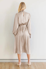 Ruched Knotted Long Sleeve Satin Midi Dresses