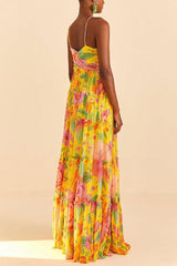 Rosette Halter Floral Print Quilted Vacation Maxi Dresses-Yellow