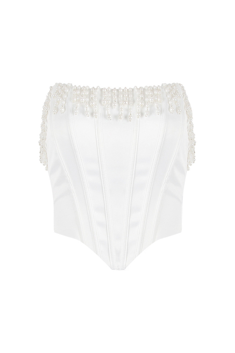 Pearls Fringed Trim Boat Neck Strapless Irregular Crop Corset-White