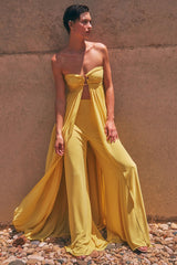 Strapless Front Slit Long Tunic Top Wide Leg Pants Plain Matching Set