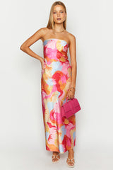 Sun Print Strapless Pocket Bodycon Vacation Maxi Dresses-Pink