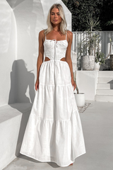 Spaghetti Strap Front Tie Up Cutout A-Line Maxi Dresses-White