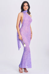 Leopard Print Sash Backless Mermaid Hem Maxi Dresses-Purple