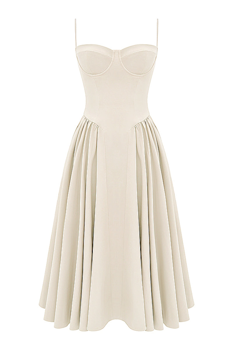 Elegant Cinch Waist Pleated Formal Party Slip Midi Dresses-Beige