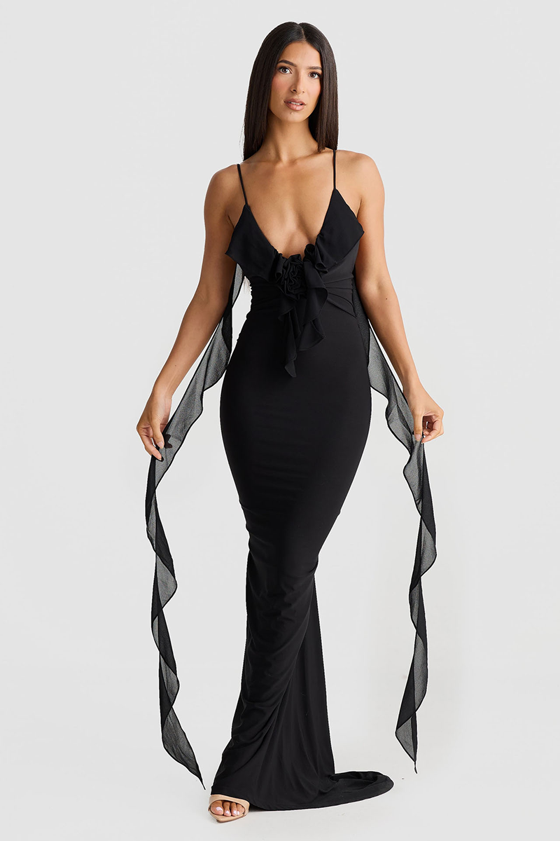 Deep V Neck Backless Bodycon Ruffled Streamer Party Maxi Slip Dresses-Red