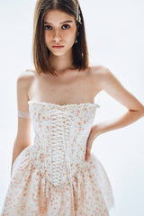 Lace Up Ruffle Mesh Patchwork Floral Print Mini Dresses-Beige Pre Order