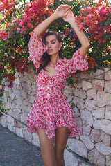 Flare Sleeve Irregular Neck Floral Curved Hem Mini Dresses-Red