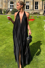 Sleeveless Pleated Halter Backless Loose Fit A-Line Slit Cocktail Party Maxi Dresses