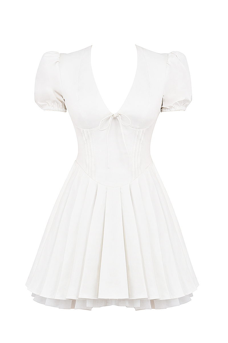 Deep V Neck Juliet Sleeve Corset Pleated Mini Dresses-White Pre Order
