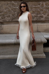 Knit Round Neck Slim Fit Fishtail Fringed Hemline Maxi Tank Dresses-White