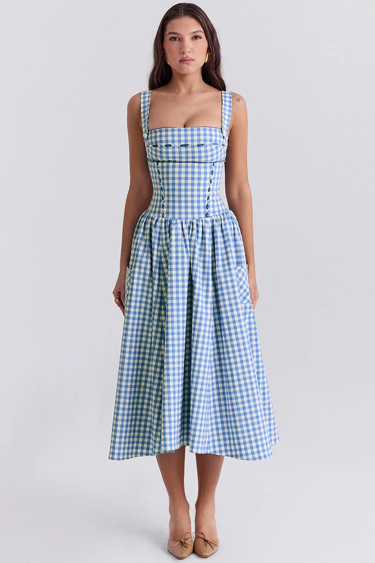 Plaid Print Spaghetti Strap Square Neck Pocket Midi Dresses-Blue