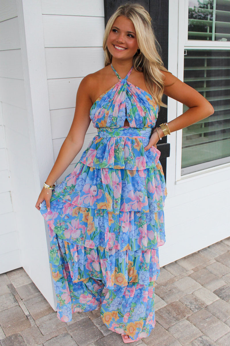 Halter Floral Print Backless Ruffle Layered Maxi Dresses-Blue Pre Order