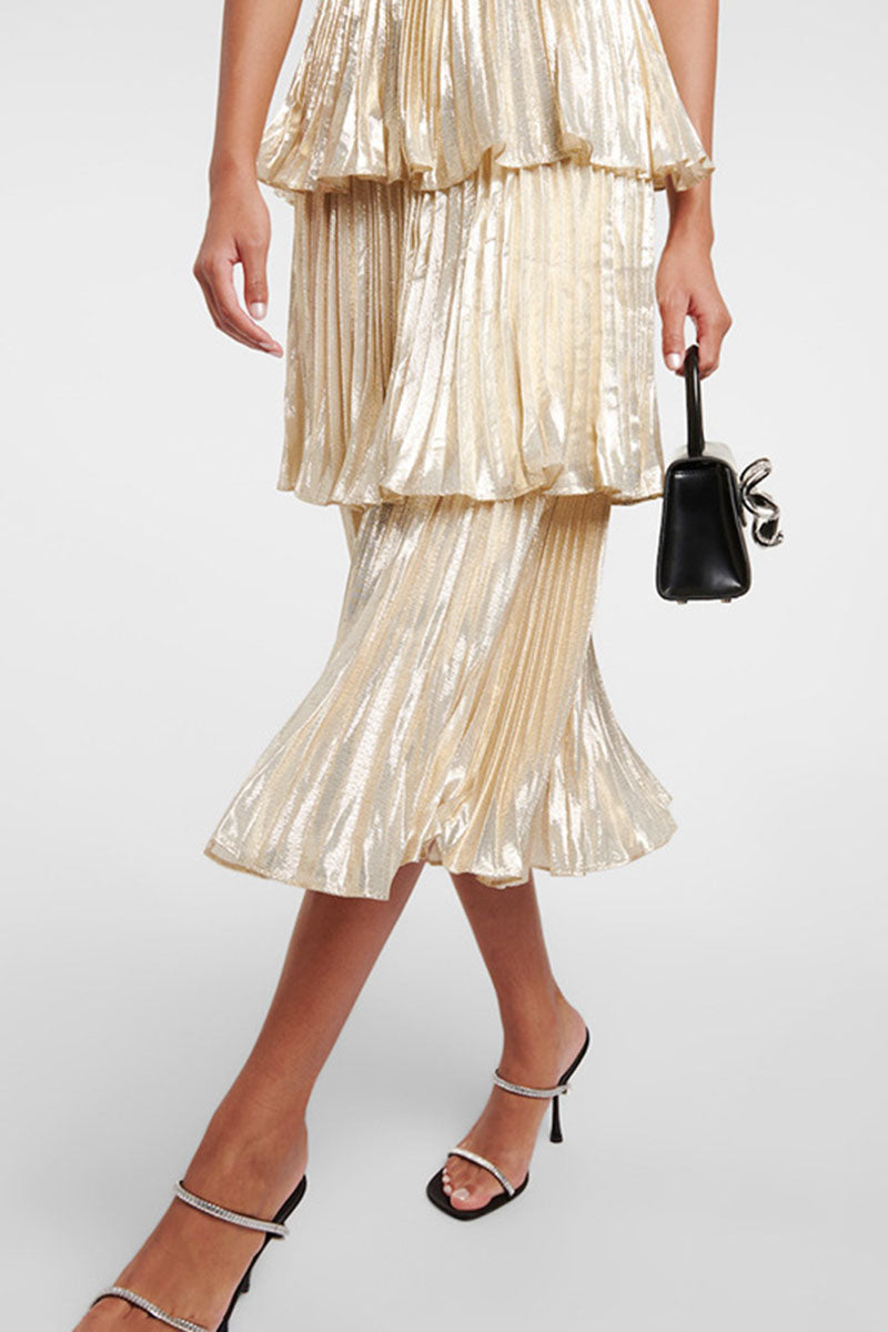 Diamante Straps Pleated Layered Party Satin Midi Slip Dresses-Champagne