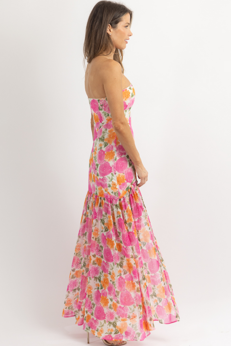 Floral Print Strapless Slit Side Flowy Maxi Dresses-Pink