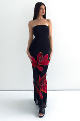 Floral Print Slim-Fit Formal Party Maxi Tube Dresses-Black