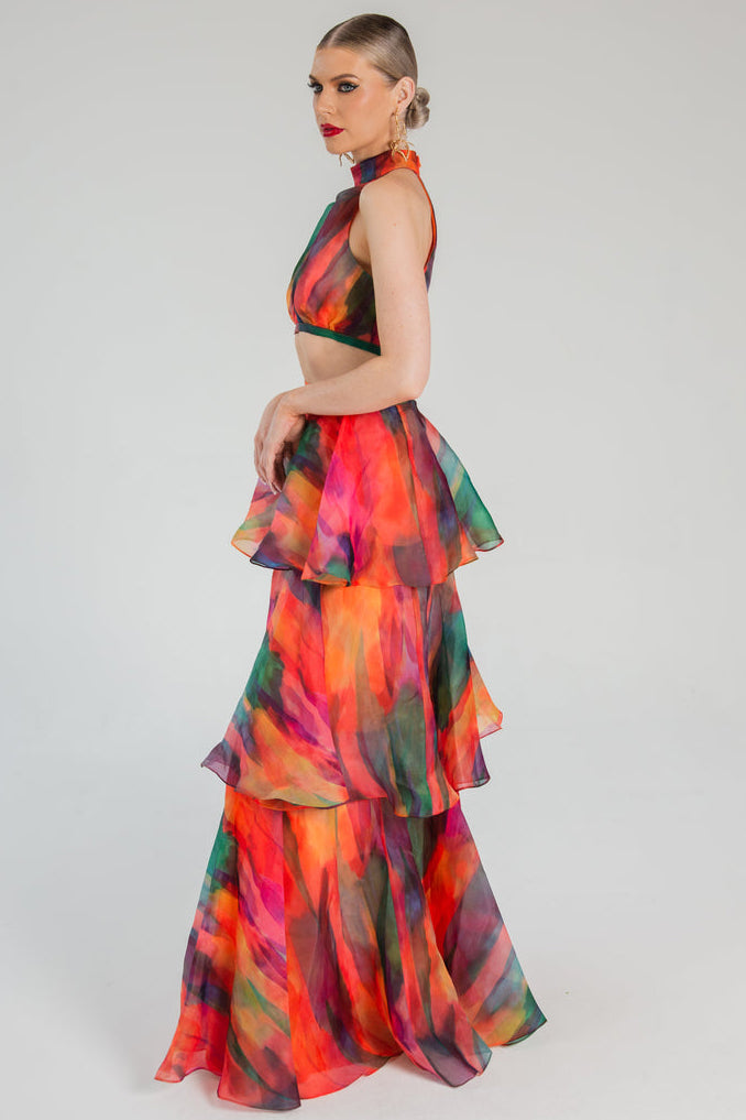 Multicolor Print Halter Layered Maxi Skirt Prom Two Piece Set
