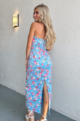 Floral Print Slim Fit Slit Hem Midi Tube Dresses-Blue Pre Order