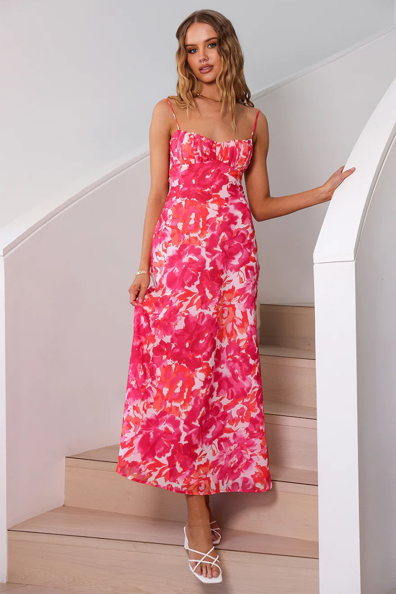 Floral Print Spaghetti Strap Open Back Maxi Dresses-Green