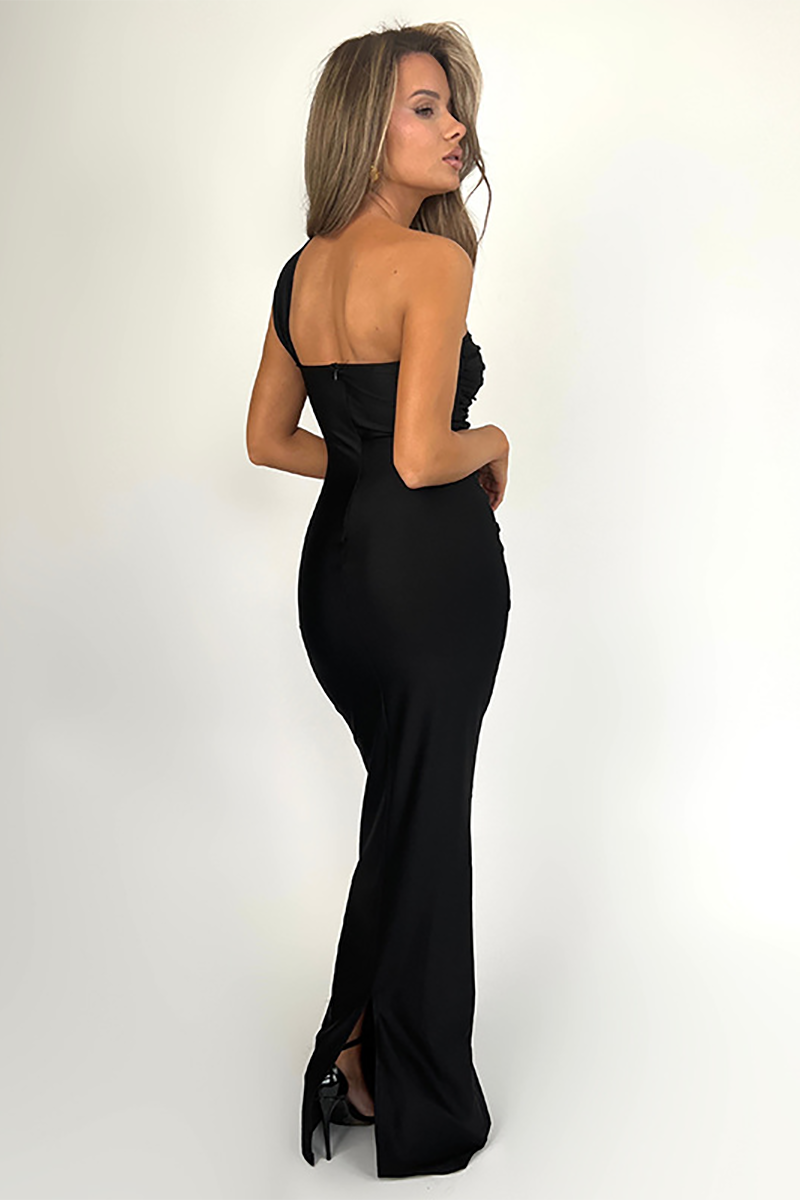 One Shoulder Strap Twisted Ruched Bodycon Gowns Maxi Dresses-Black