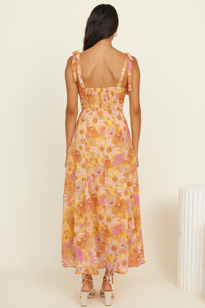 Floral Print Boat Neckline Tie Up Wide Strap A-Line Midi Dresses-Orange