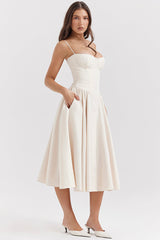 Elegant Cinch Waist Pleated Formal Party Slip Midi Dresses-Beige