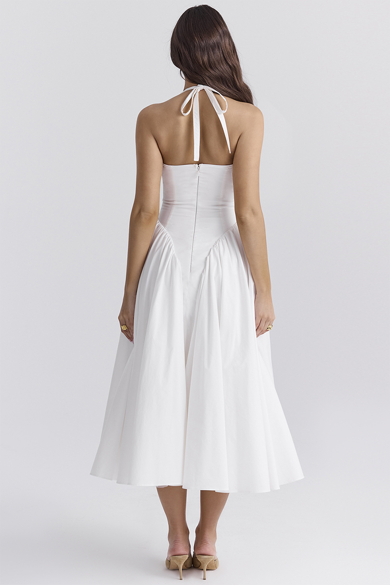 Deep V Neck Halter Cinch Waist Plain Midi Dresses-White