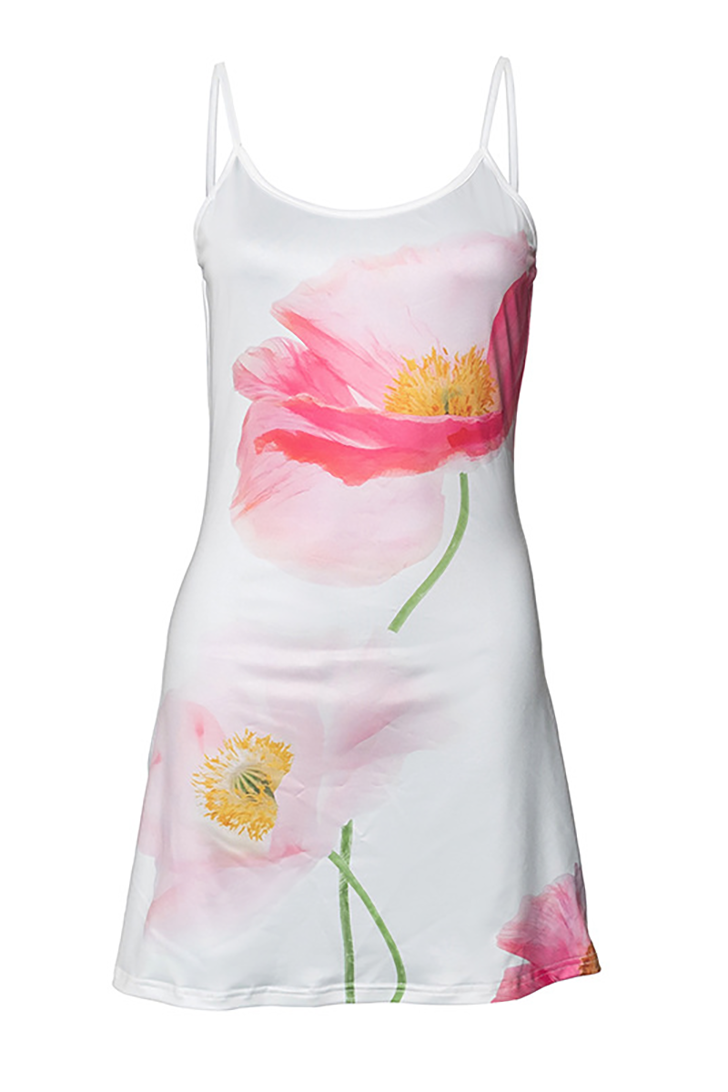 Floral Print Slim Fit Open Back Slip Mini Dresses-White
