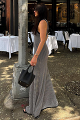 Striped Pattern Round Neck Slim Fit Knit Maxi Tank Dresses-Black