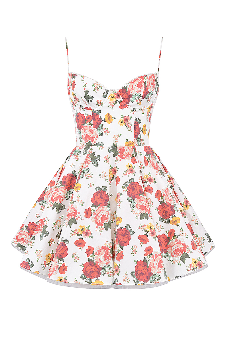 Floral Pattern Cinch Waist Mini Slip Dresses-White