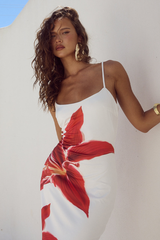 Floral Print Slim Fit Spaghetti Strap Maxi Dresses-White