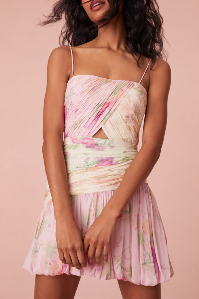 Floral Print Pleated Cinch Waist Bubble Hem Spaghetti Strap Mini Dresses-Pink