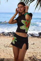 Floral Print Short Sleeve Crop Top Slit Mini Skirt Matching Set-Black
