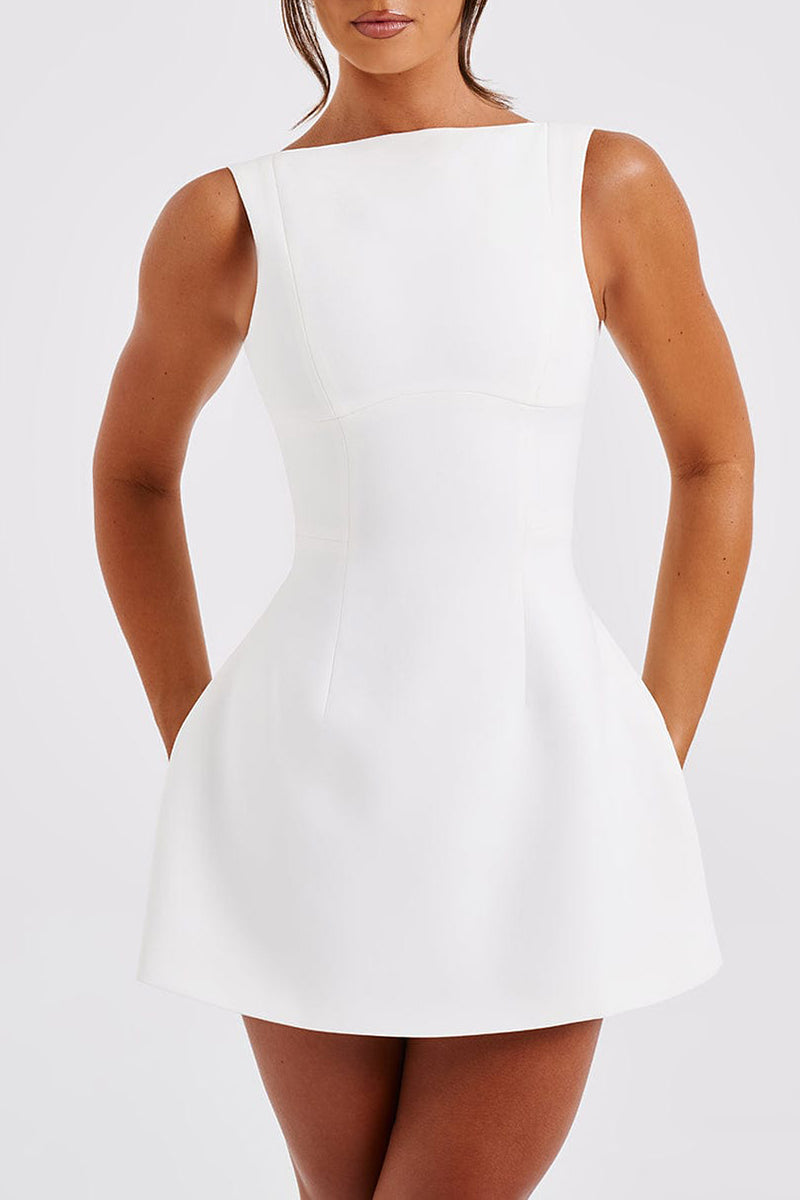 Solid Color A-Line Backless Mini Tank Dresses-White