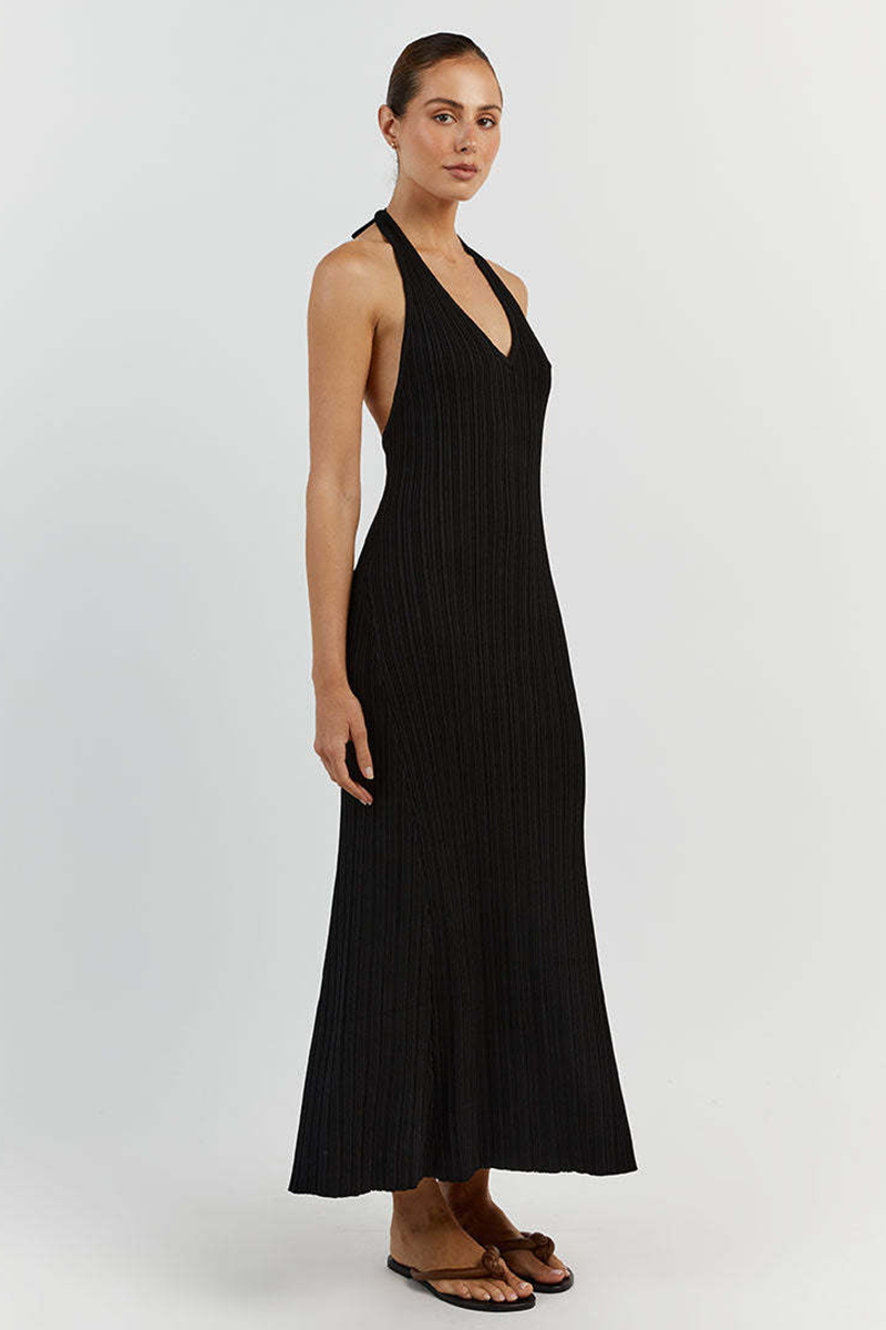 V Neck Halter Pleated Solid Color Knit Backless Maxi Dresses-Brown