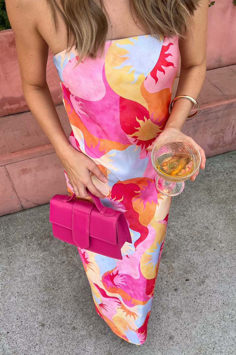 Sun Print Strapless Pocket Bodycon Vacation Maxi Dresses-Pink
