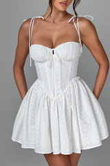 Spaghetti Strap Tie Up Corset A-Line Jacquard Mini Dresses-White Pre Order