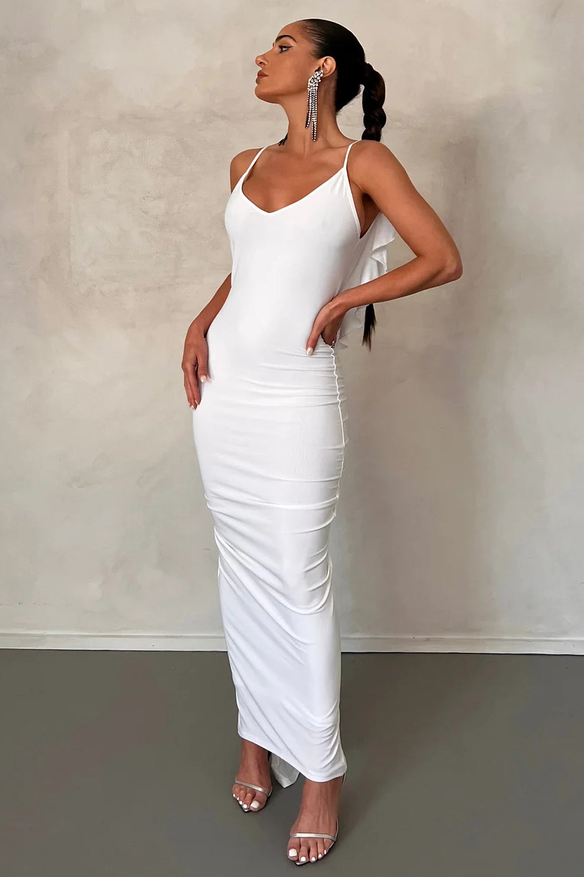 Ruffled Backless Plunge Slip Bodycon Party Maxi Dresses