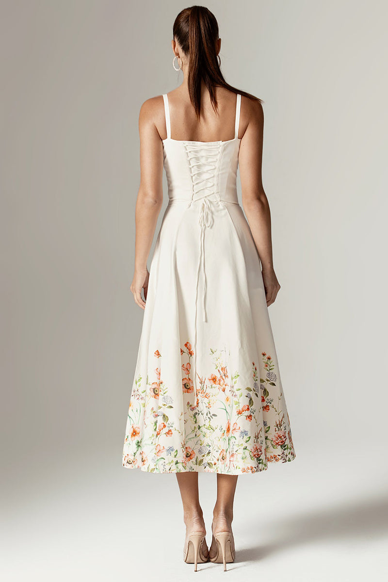 Floral Print Gathered Bust Corset A-Line Midi Slip Dresses-White
