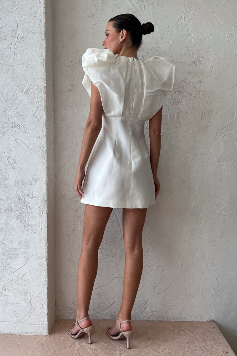 Deep V Neck Ruffle Short Sleeve Slim Satin Birthday Party White Mini Dresses
