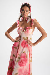 Ruffle Trim Floral Print Sleeveless Vacation Maxi Dresses-Pink