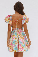Multicolor Print Puff Sleeve V Neck Tie-Up Backless Mini Dresses