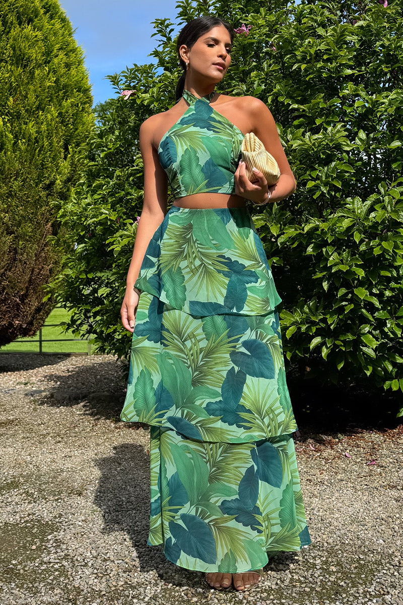 Leaf Print Halter Crop Top Layered Maxi Skirt 2pcs Set-Green