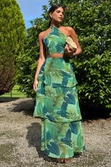 Leaf Print Halter Crop Top Layered Maxi Skirt 2pcs Set-Green