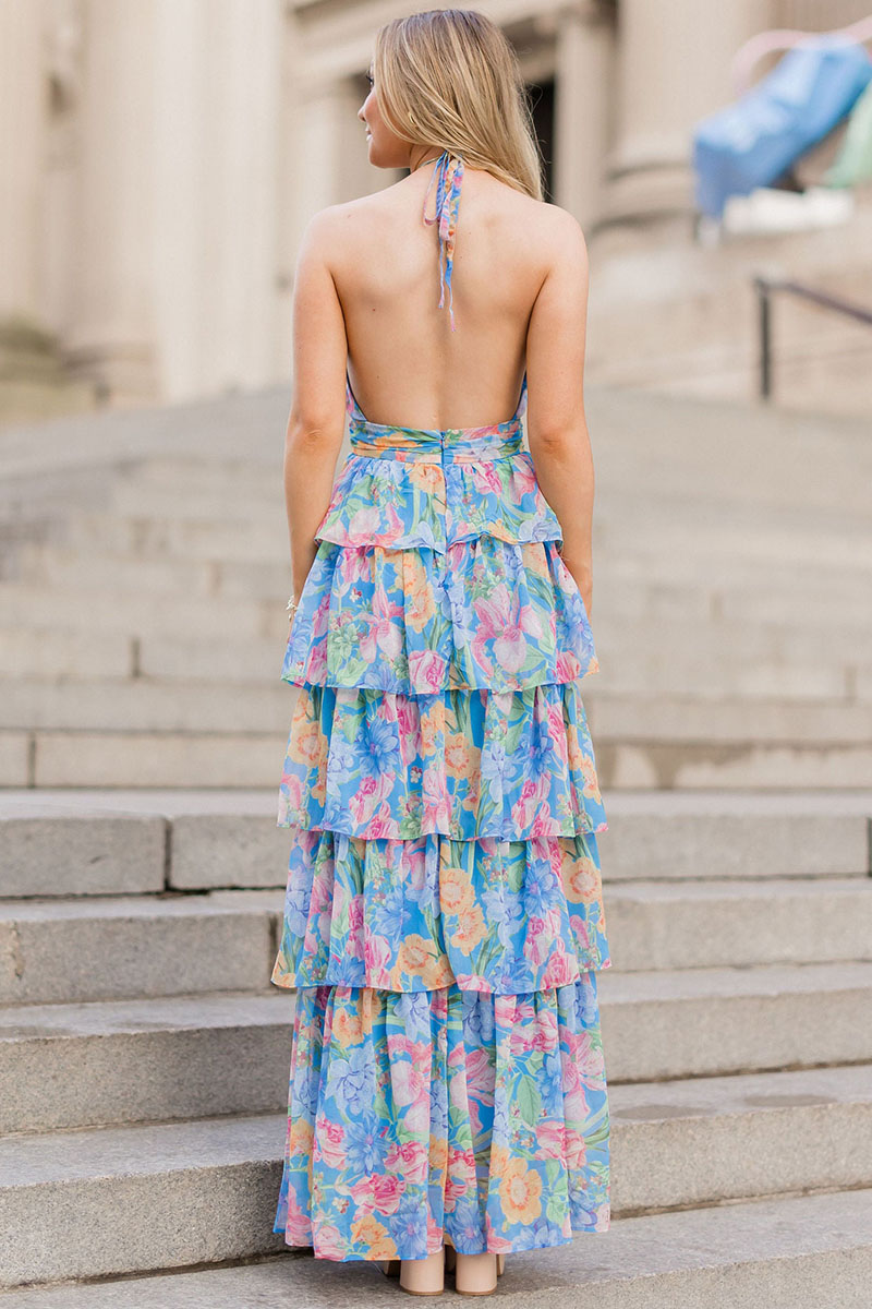 Halter Floral Print Backless Ruffle Layered Maxi Dresses-Blue Pre Order