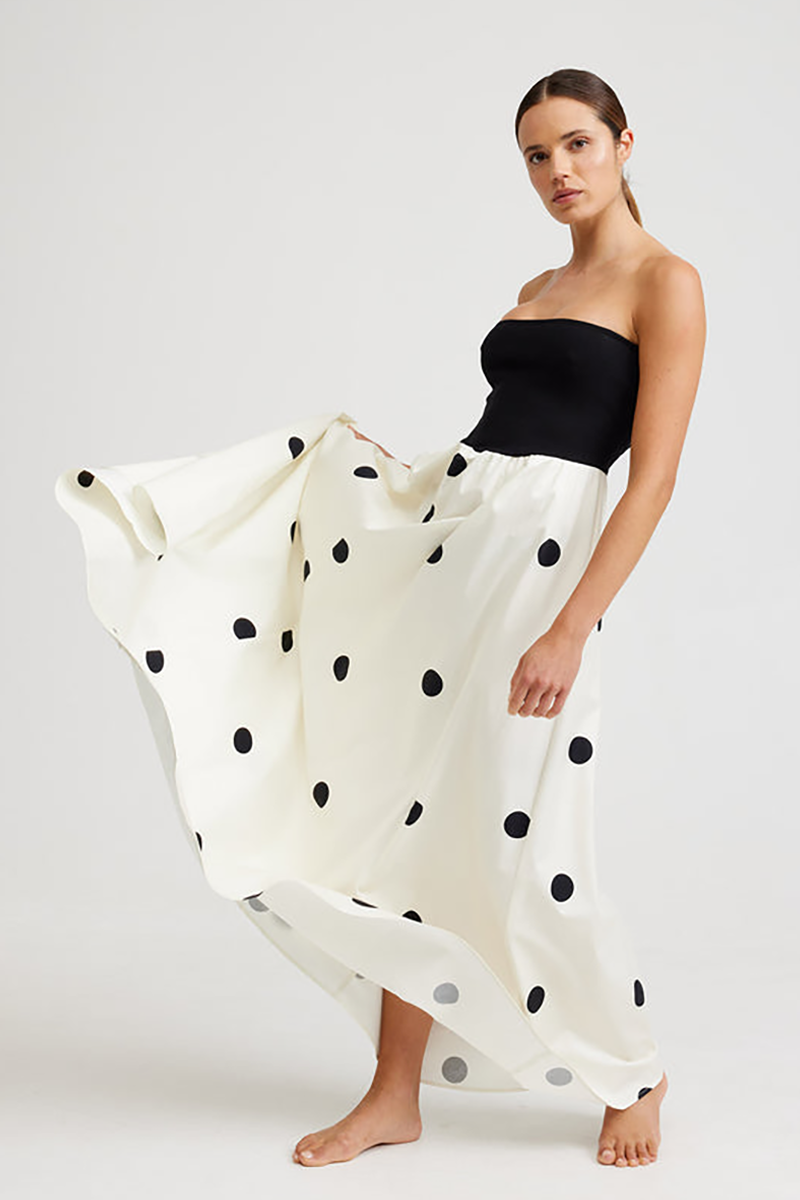 Strapless Colorblock Polka Dot Print A-Line Maxi Dresses-Black