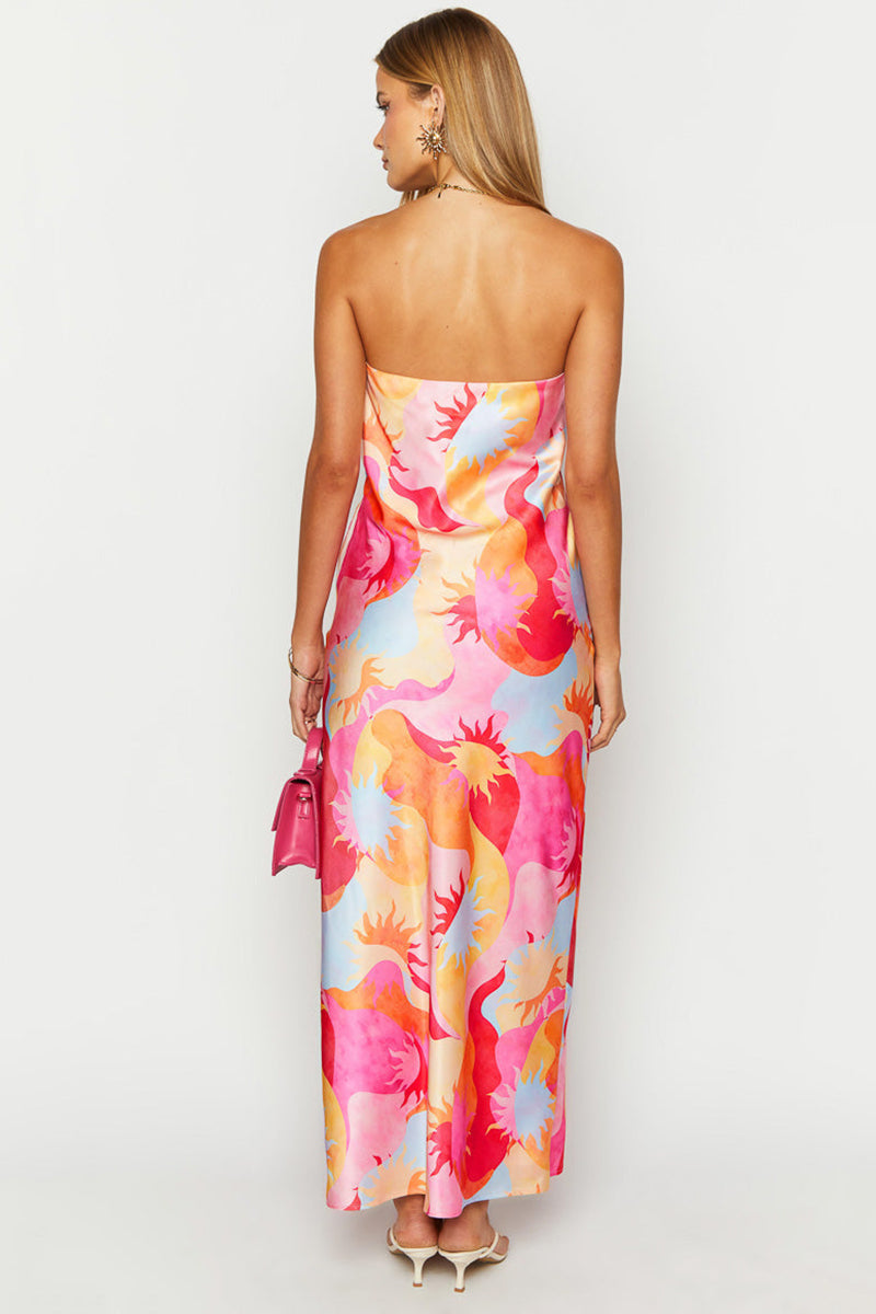 Sun Print Strapless Pocket Bodycon Vacation Maxi Dresses-Pink
