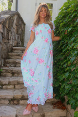 Floral Print Puff Sleeve Ruffle Hem Vacation Maxi Dresses-Blue
