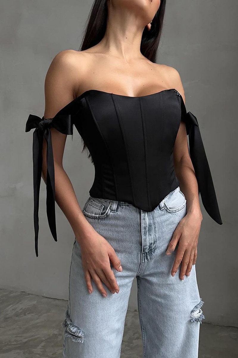 Off Shoulder Ribbon Decor Asymmetric Hem Party Plain Corset Top-Blue