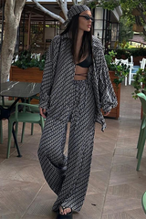 Graphic Print Long Sleeve Blouse Wide Leg Pants Matching Set-Black