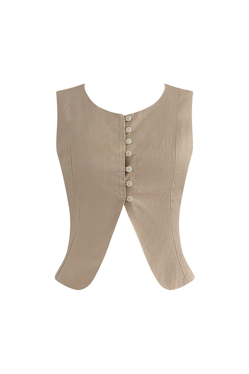 Slit Vest Colorblock Tie Up Midi Skirt Matching Set-Khaki